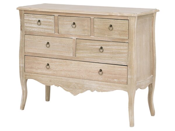 Detal otwieranych szuflad komody vintage z metalowymi uchwytami