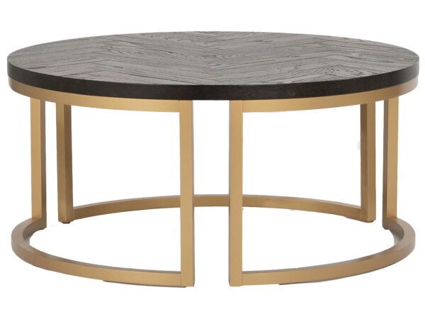 Stolik okrągły czarny z blatem w jodełkę i złotą ramą, minimalistyczny design