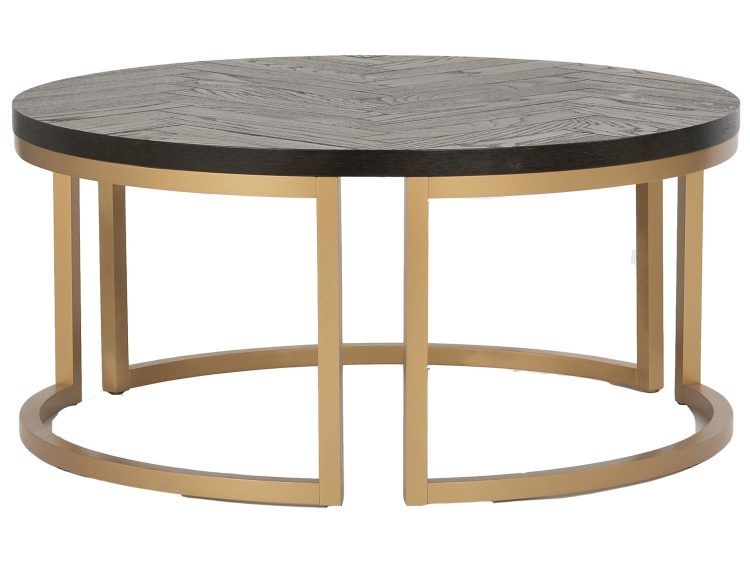 Stolik okrągły czarny z blatem w jodełkę i złotą ramą, minimalistyczny design