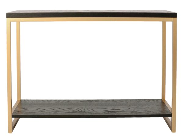 Zbliżenie na blat czarny z drewnianym dekorem i złotą ramą