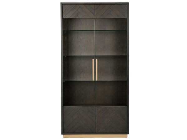 Witryna czarna nowoczesna, wysoka z przeszklonymi frontami i złotymi uchwytami