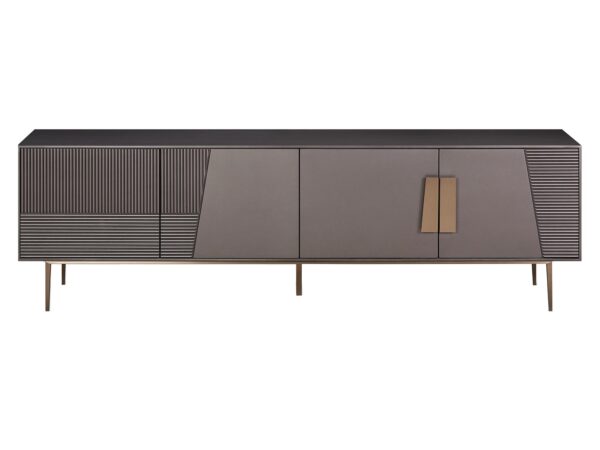 Komoda w odcieniu ciemnego drewna z ryflowanymi frontami i złotymi nogami