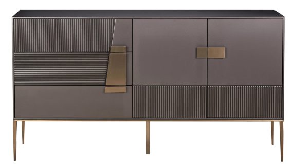 RTV Komoda Ciemny Grafit Złote Nóżki Ryflowane Fronty – Eleganza