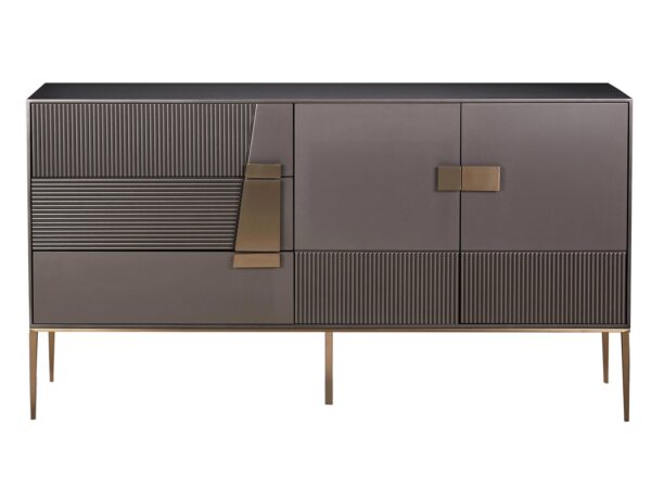 Komoda nowoczesna w czerni z ryflowanymi frontami i złotą ramą