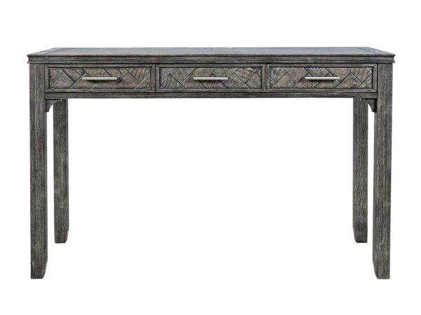 Drewniane biurko w stylu vintage z ozdobnymi frontami szuflad