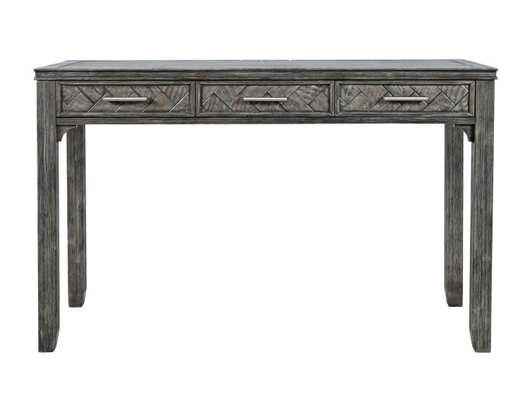 Drewniane biurko w stylu vintage z ozdobnymi frontami szuflad