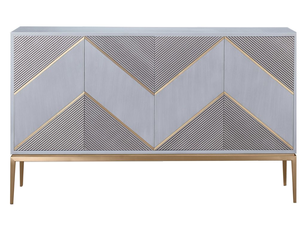 Szara Komoda Ryflowane Drewno Złote Akcenty – Eleganza