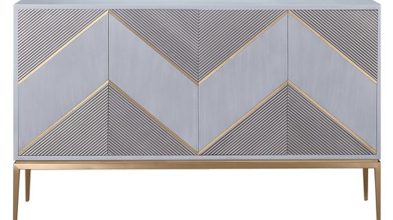 Szara Komoda Ryflowane Drewno Złote Akcenty – Eleganza
