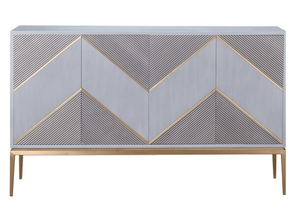 Front komody w kolorze niebiesko-szarym z geometrycznym wzorem i złotymi liniami dekoracyjnymi