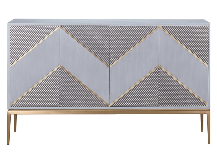 Front komody w kolorze niebiesko-szarym z geometrycznym wzorem i złotymi liniami dekoracyjnymi