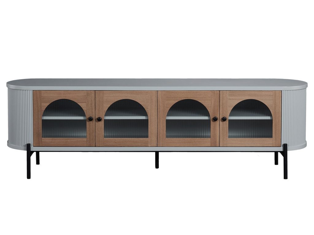 RTV Komoda Szara Przeszklone Drzwi Ryflowane Drewno – Eleganza