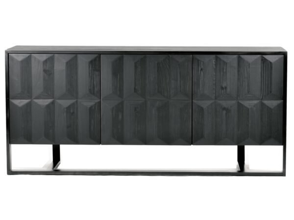 Luksusowa czarna komoda z dekoracyjnym frontem i smukłymi nogami, ujęcie z boku.