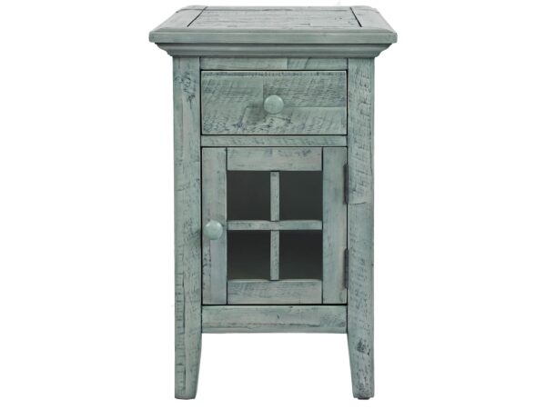 Szafka nocna w kolorze turkusowym z drzwiczkami i szufladą