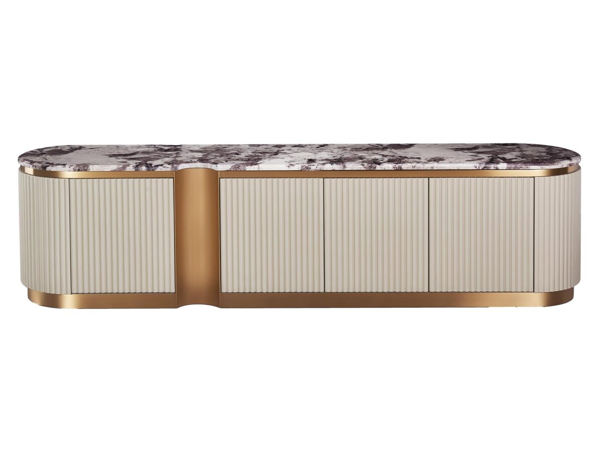RTV Komoda Jasnokremowa Złote Akcenty Marmurowy Blat – Eleganza