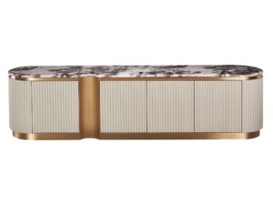 RTV Komoda Jasnokremowa Złote Akcenty Marmurowy Blat – Eleganza