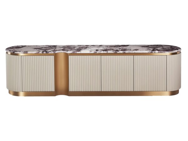 Stylowa komoda z ryflowanym frontem i złotym detalem w stylu glamour