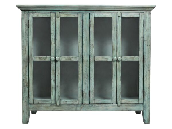 Komoda w kolorze przecieranego turkusu z przeszklonymi drzwiczkami