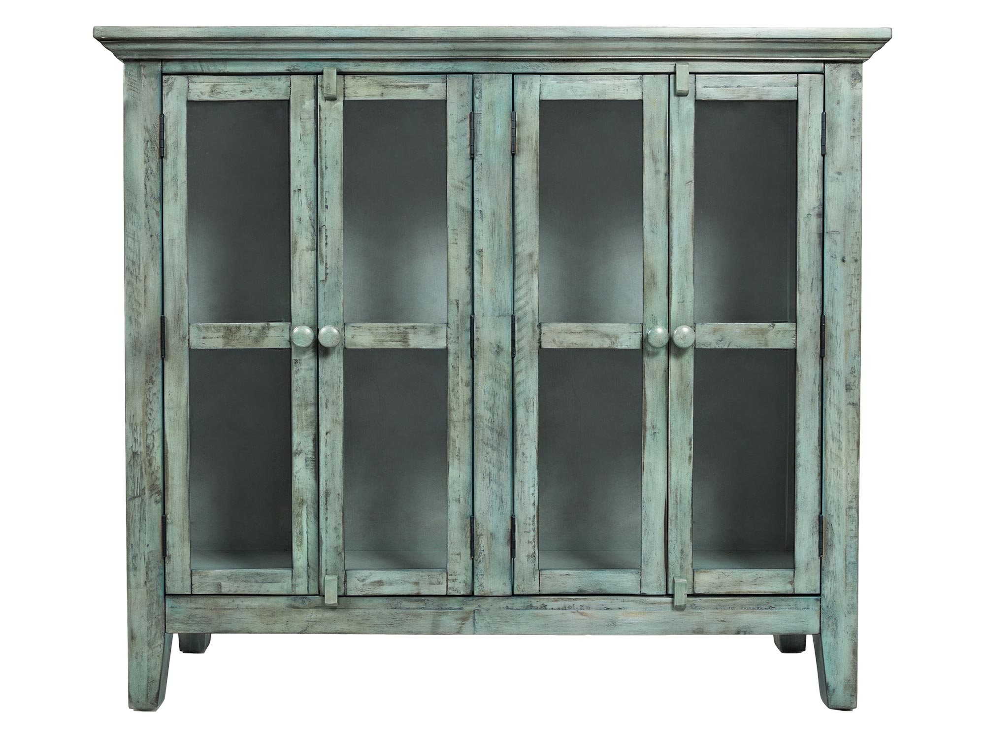 Komoda w kolorze przecieranego turkusu z przeszklonymi drzwiczkami Komoda w kolorze przecieranego turkusu z przeszklonymi drzwiczkami