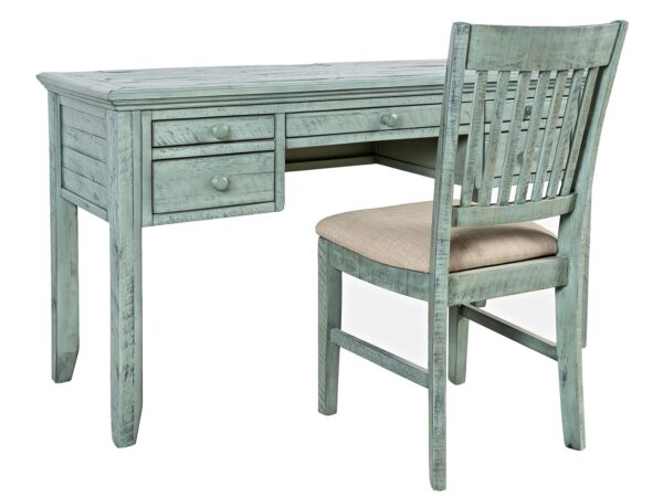 Biurko drewniane w zielonym wykończeniu z trzema szufladami i krzesłem
