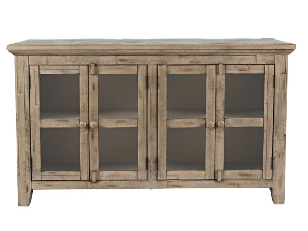 Kredens drewniany z przeszklonymi drzwiczkami do salonu rustykalnego