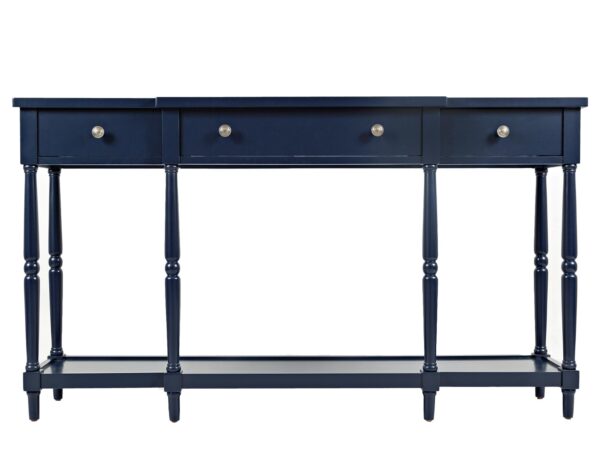 Konsola granatowa z białymi detalami i smukłymi nogami