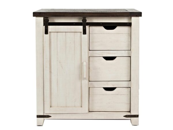 Kredens kuchenny w stylu farmhouse z białymi frontami i czarnym blatem