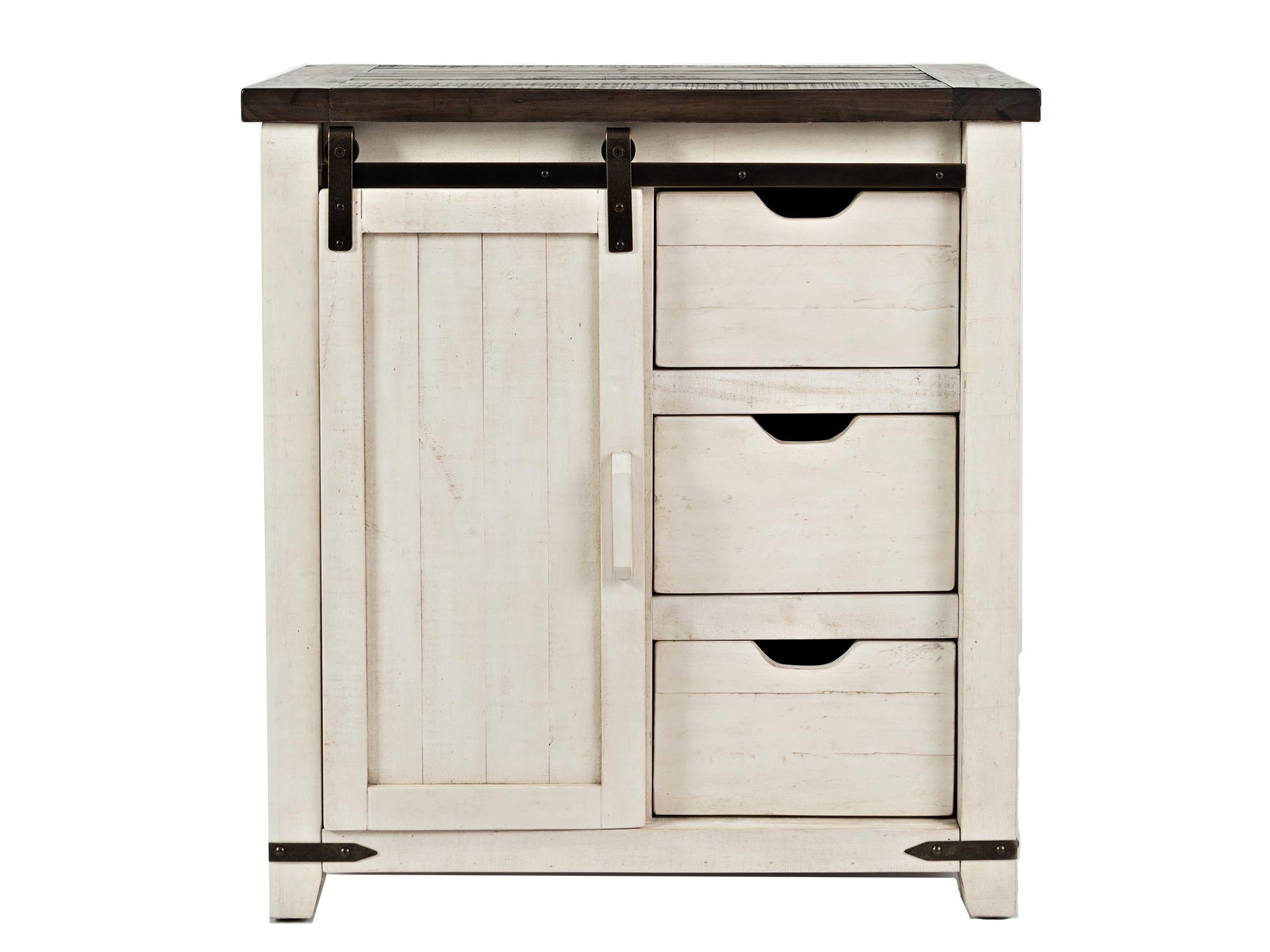 Kredens kuchenny w stylu farmhouse z białymi frontami i czarnym blatem Kredens kuchenny w stylu farmhouse z białymi frontami i czarnym blatem