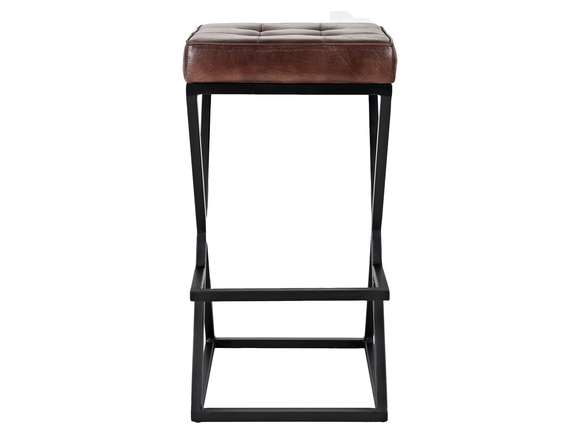 Hoker barowy z brązowym skórzanym siedziskiem i czarnymi nogami, widok z boku