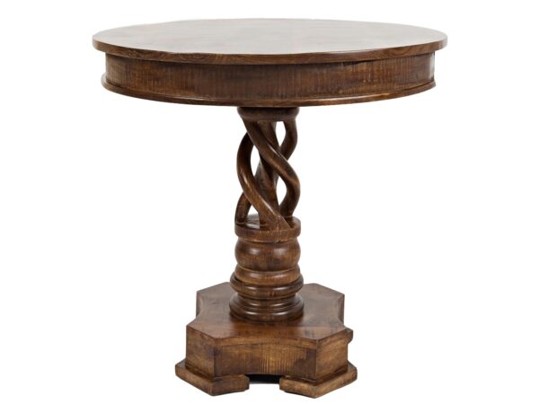 Okrągły stół z toczoną nogą w kształcie skręconej kolumny, wykonany z drewna