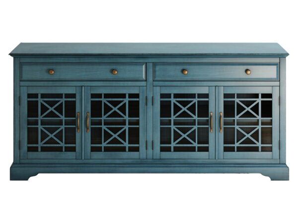 Front komody w kolorze turkusowym z przeszklonymi drzwiczkami i dekoracyjną kratką