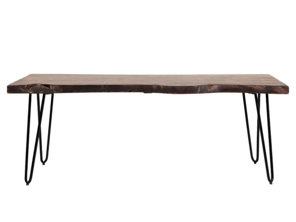 Stół drewniany z prostym blatem na czarnych, metalowych nogach typu hairpin