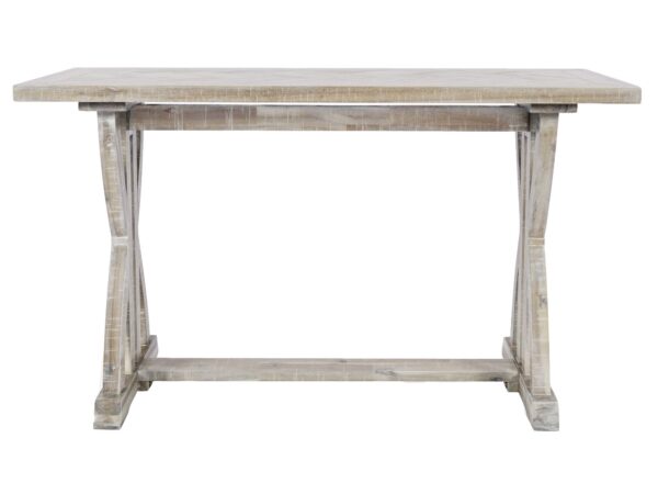 Stół konsolowy w kolorze bielonego drewna z masywnymi nogami w kształcie litery X