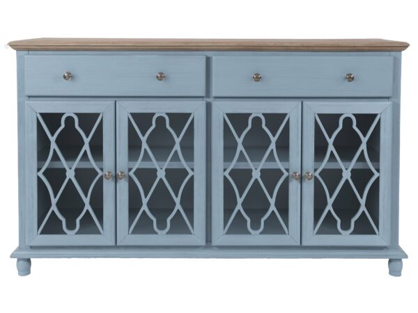 Komoda w kolorze błękitnym z przeszklonymi frontami i półkami