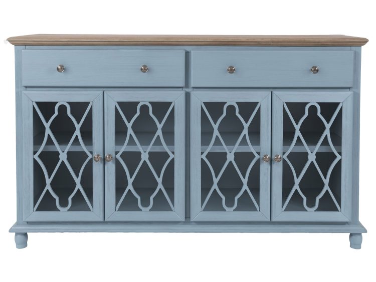 Komoda w kolorze błękitnym z przeszklonymi frontami i półkami