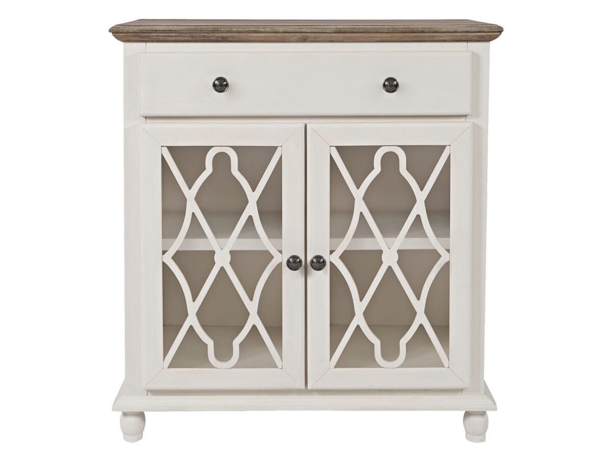 Jasnokremowa komoda z przeszkleniami i ozdobnymi szprosami – Avola