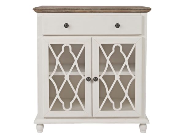 Komoda biała z blatem w kolorze postarzanego drewna, przeszklone drzwiczki z dekoracyjną kratką i szufladą u góry