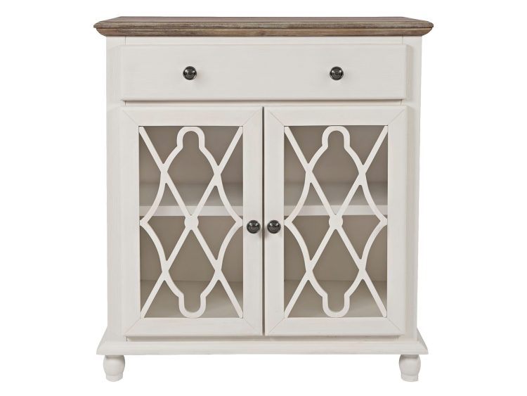 Komoda biała z blatem w kolorze postarzanego drewna, przeszklone drzwiczki z dekoracyjną kratką i szufladą u góry