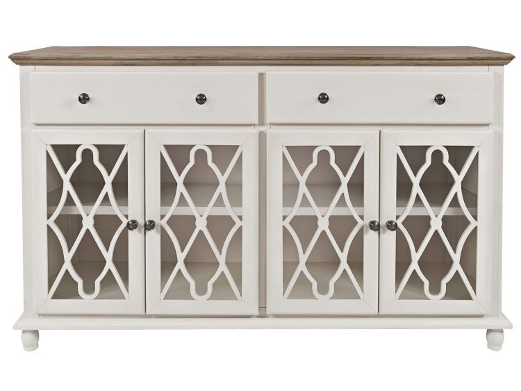 Komoda biała z przeszklonymi frontami i szufladami w stylu klasycznym