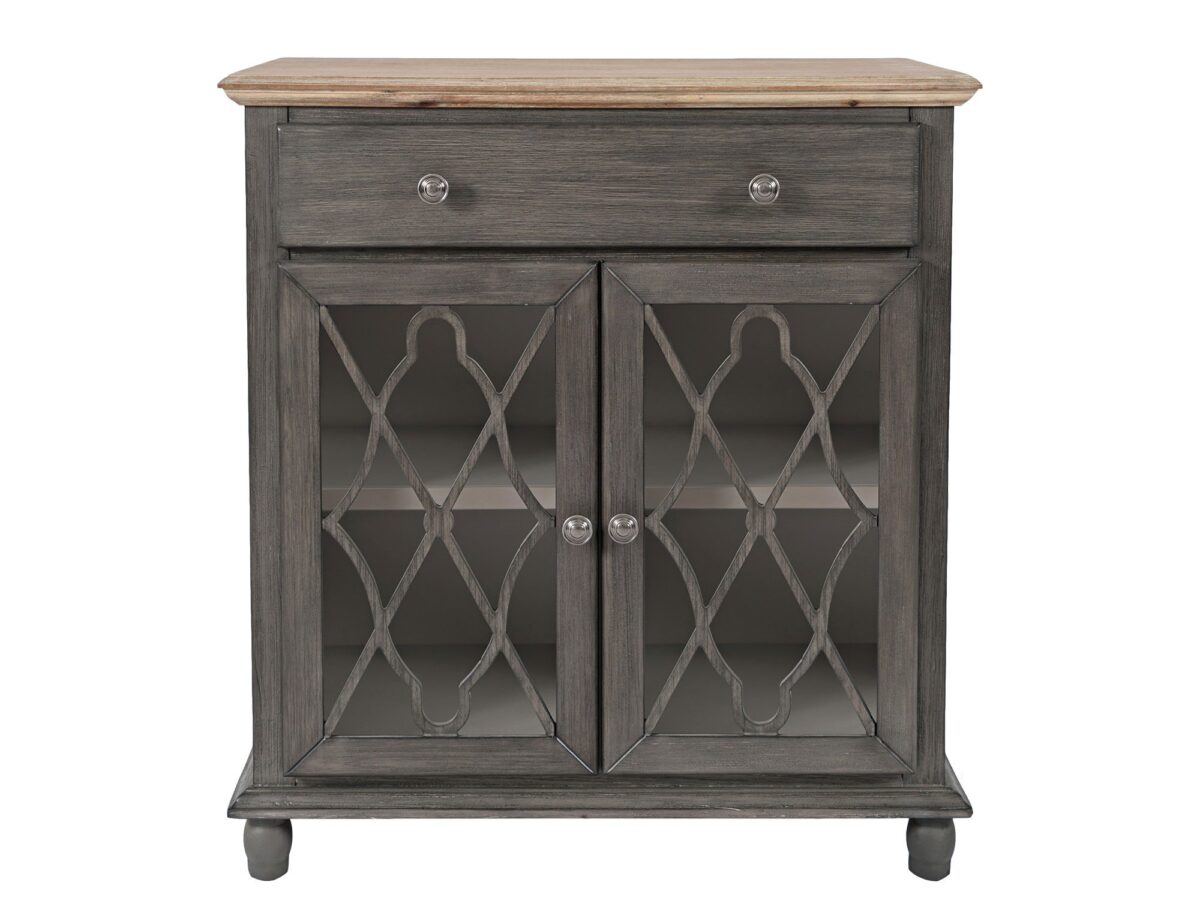 Komoda brązowo-szara z jasnym blatem i szkłem – Avola