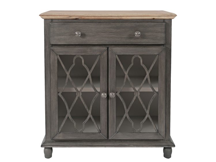 Komoda szara z dwiema szufladami i drzwiczkami z dekoracyjnymi przeszklonymi frontami