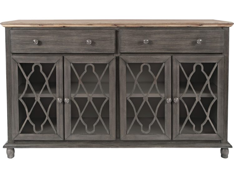 Długa komoda w kolorze szarego dębu z frontami w geometryczne przeszklenia