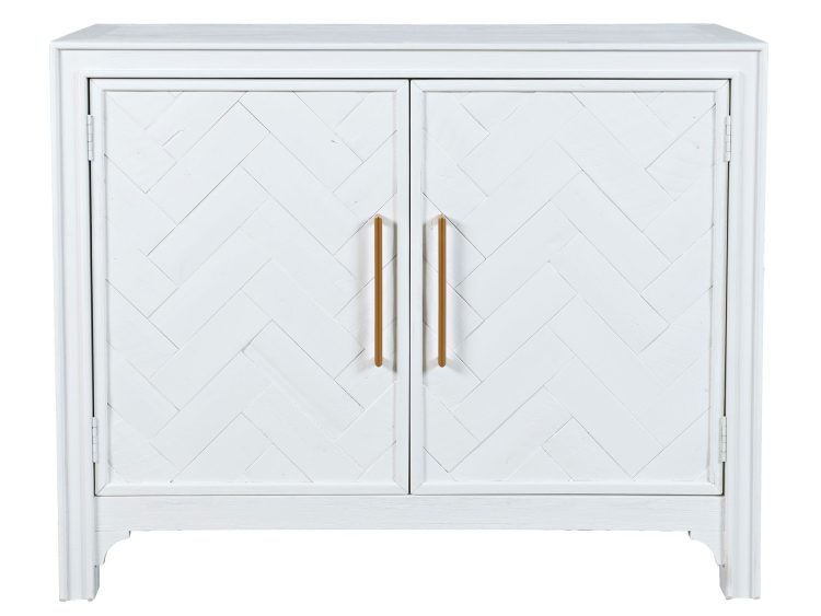 Komoda biała z frontem we wzór jodełki i złotymi uchwytami