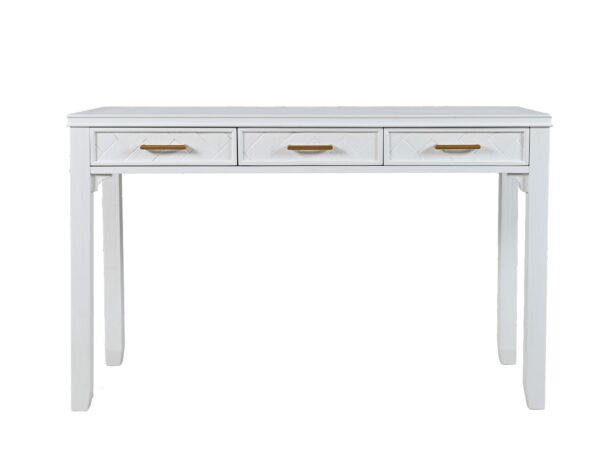 Biurko białe z trzema szufladami i złotymi uchwytami w stylu glamour