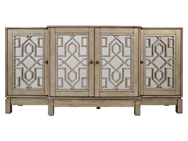 Komoda beżowa z lustrzanymi drzwiami i drewnianymi bokami w stylu klasycznym