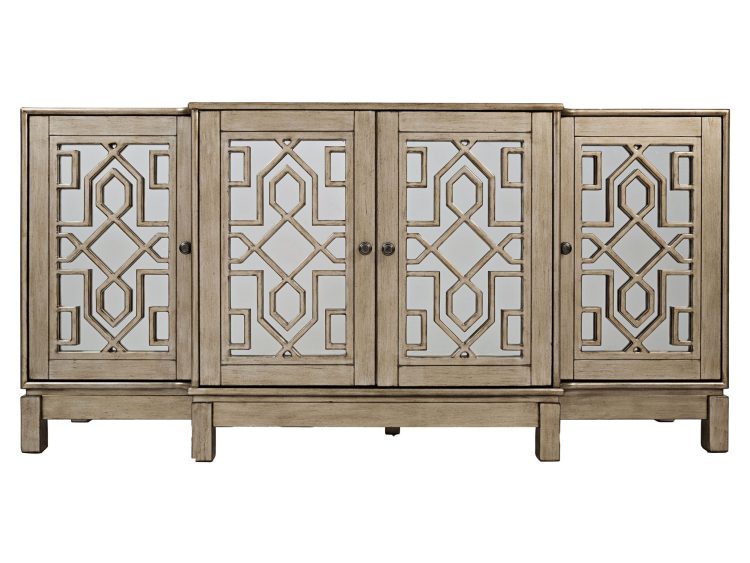 Komoda beżowa z lustrzanymi drzwiami i drewnianymi bokami w stylu klasycznym