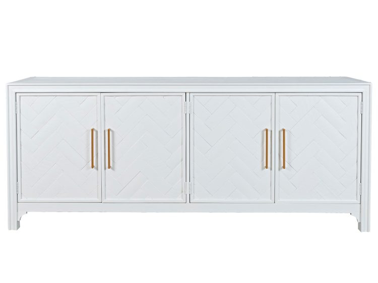 Front białej komody z ozdobnym frezem i złotymi uchwytami