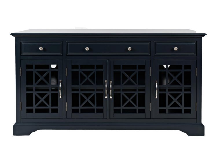 Czarna komoda z ażurowymi frontami i złotymi uchwytami