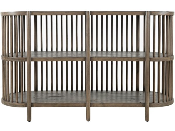 Regał drewniany w kolorze szaro-brązowym z pionowymi szczebelkami i otwartymi półkami