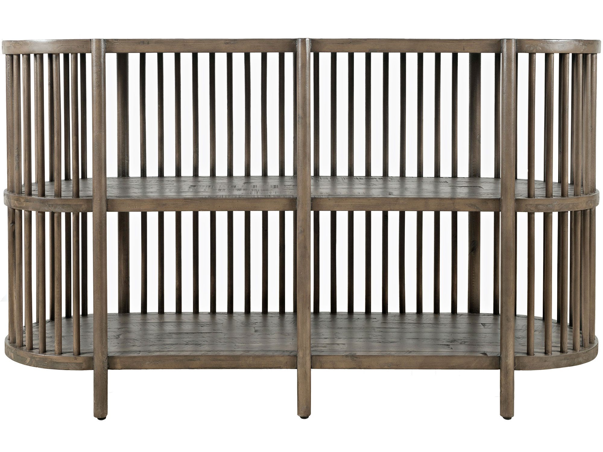 Regał drewniany w kolorze szaro-brązowym z pionowymi szczebelkami i otwartymi półkami Regał drewniany w kolorze szaro-brązowym z pionowymi szczebelkami i otwartymi półkami