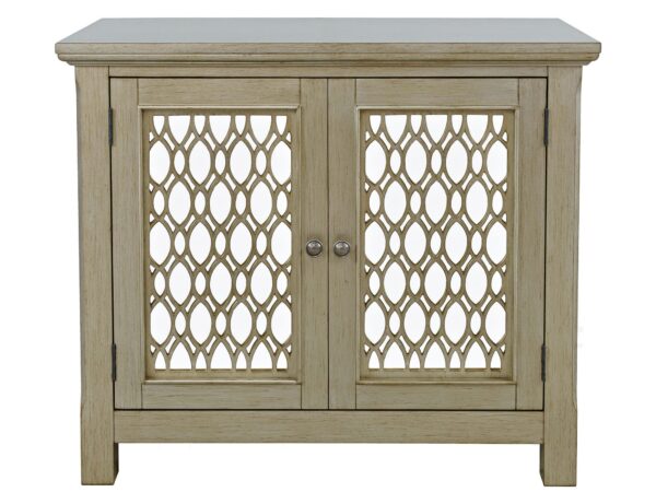 Drewniana szafka rtv z geometrycznym wzorem na drzwiach do salonu